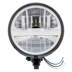 Black 5-3/4" Motorcycle Headlight 8 LED Bulb w/ Silver Bar - Bottom Mount