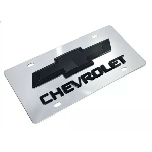 Chrome Chevy Bowtie Emblem License Plate w/ 3D Black Chevrolet Script Logo