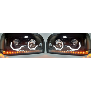 Pair Blackout Headlights with LED Turn Signal & Light Bar for Freightliner Century