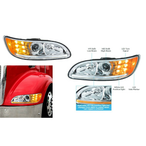Pair of Chrome Projection Headlights with LED DRL & Turn Signals for Peterbilt
