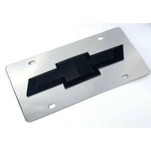 Chrome Chevy Bowtie Emblem License Plate w/ 3D Black Gloss Logo