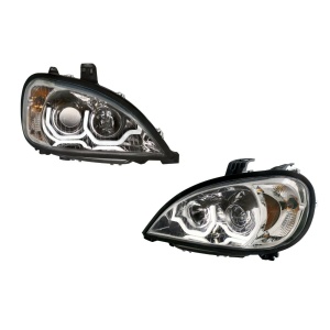 Pair of Chrome Headlights with White LED U-Bar Lights for Freightliner Columbia
