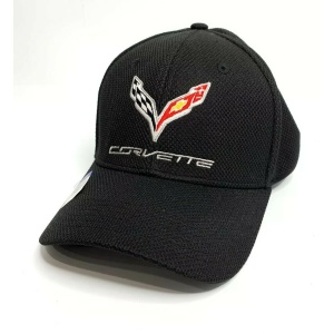 Chevy C7 Corvette Hat / Cap - Black Flexfit Style w/ Flags Script Emblem