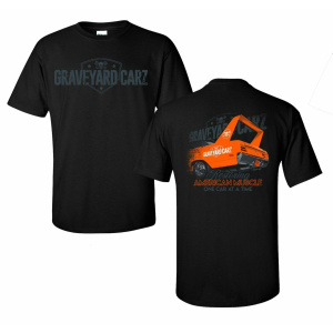 Graveyard Carz T-Shirt - Black w/ Orange Plymouth Superbird - American Muscle
