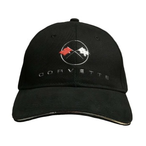 Chevy Corvette Hat - Black w/ Chrome Liquid Metal 1960s Crossed Flags Emblem
