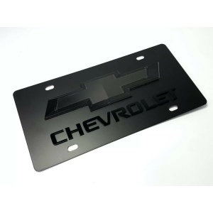 Chevy Bowtie Emblem Black License Plate w/ 3D Gloss Chevrolet Script / Logo