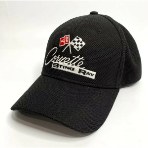 Chevy C2 Corvette Stingray Hat / Cap - Black Flexfit Style w/ Crossed Flags Logo