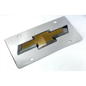 Chrome Chevy Bowtie Emblem License Plate w/ 3D Gold Gloss Logo