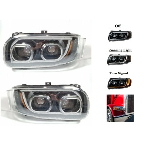Pair of All LED Headlights with Dual Function LED Halo DLR for Peterbilt 388/389