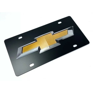 Chevy License Plate - Black with 3D Gold & Silver Bowtie Emblem / Logo