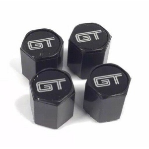 Ford Mustang GT Tire Valve Stem Caps - Black with Silver (Set of 4)
