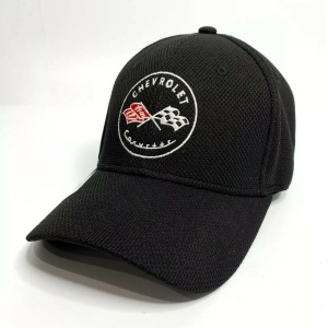 Chevy C1 Corvette Hat / Cap - Black Flexfit Style w/ Crossed Flags Emblem