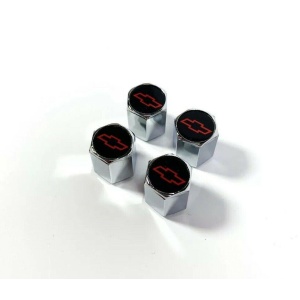 Chevy Valve Stem Caps - Black with Red Bowtie (Set of 4)