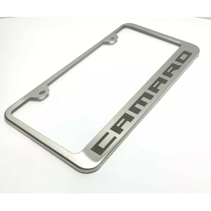 Chevy Camaro License Plate Frame - Brushed w/ Black Logo