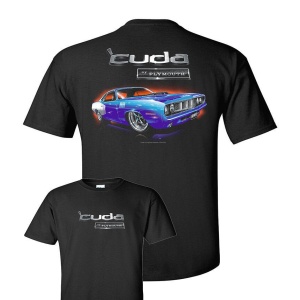 Black T-Shirt w/ Blue 1971 Plymouth Cuda & Logo / Emblem (Licensed