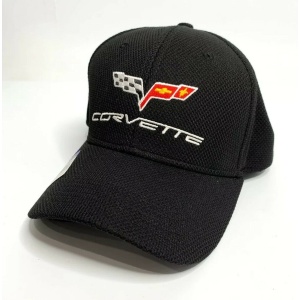 Chevy C6 Corvette Hat / Cap - Black Flexfit Style w/ Flags Emblem & Script