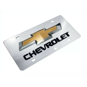 Chrome Chevy Bowtie Emblem License Plate w/ 3D Gloss Chevrolet Script Logo