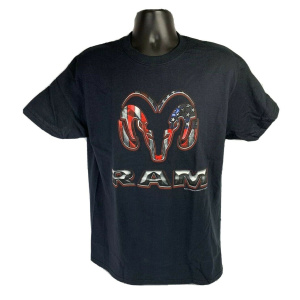 Black T-Shirt w/ Red White & Blue American Flag Dodge Ram Truck Emblem