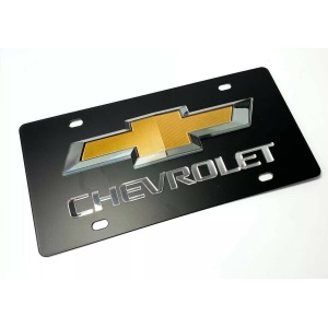 Chevy License Plate - Black with 3D Gold & Silver Bowtie Emblem & Mirrored Chevrolet Script