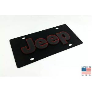 Vanity Black Jeep License Plate - Red Outlined Emblem