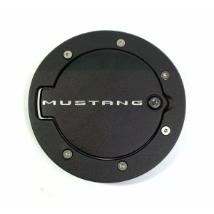 2010-2014 Ford Mustang Fuel Door - Lockable Black Billet Aluminum w/ Emblem / Script