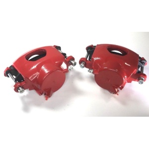 Pair of GM Front Single Piston Brake Calipers with Pads - Red Powder Coated