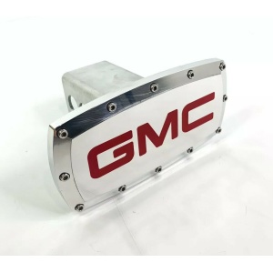 GMC Emblem Tow Hitch Cover - Polished w/ Red Logo
