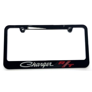Dodge Charger R/T License Plate Frame - Black with Silver Script