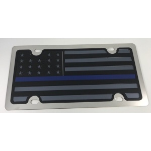 American Flag License Plate - Chrome with Police Blue Line