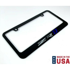 Chevy C7 Corvette ZR1 Engraved Black Metal License Plate Frame - Blue & Silver