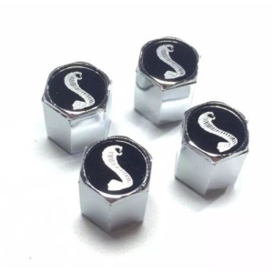 Ford Shelby Cobra Tire Valve Stem Caps - Black with Silver (Set of 4)