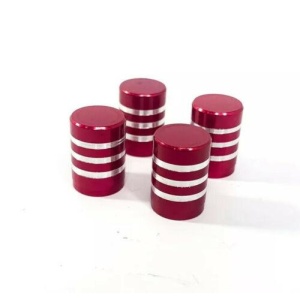 (Set/4) Red Tire Valve Stem Caps - Red Billet Aluminum w/ Brushed Rings
