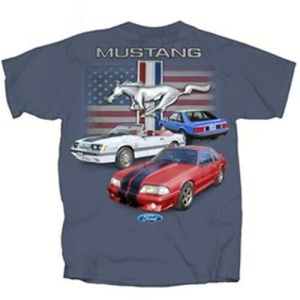 Ford Mustang T Shirt - Blue with American Flag and Fox Body Mustangs
