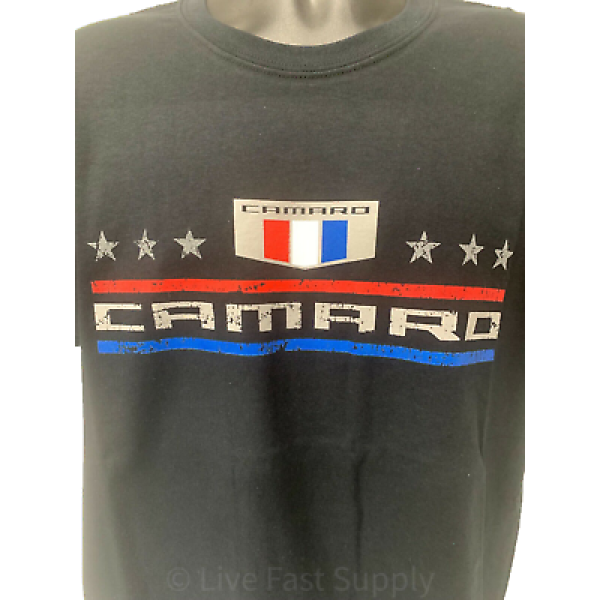 Chevy Camaro Script T-Shirt - Black w/ Red / Blue Lines & Stars - Licensed