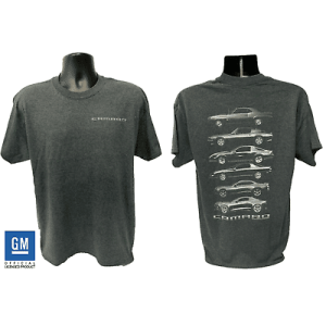 Chevy Camaro Evolution Gray T-Shirt – Six Generations On Back