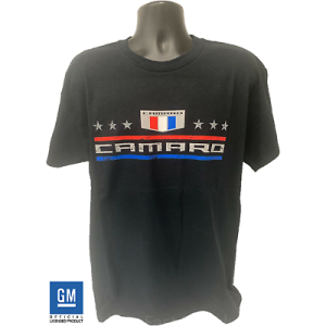 Chevy Camaro Script T-Shirt - Black w/ Red / Blue Lines & Stars - Licensed