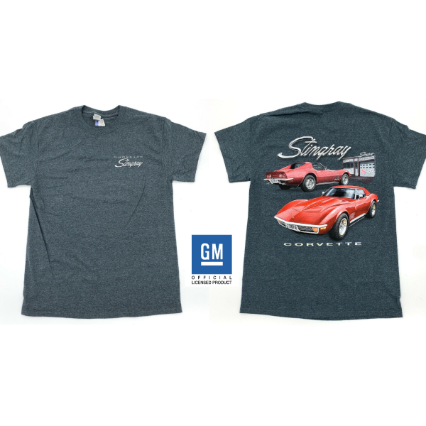 Chevy Corvette Stingray T-Shirt - Gray w/ Garage Scene & Script Logo