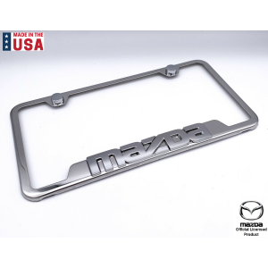 Chrome Stainless License Plate Frame w/ Chrome 3D Mazda Script Logo - Notched - GoodSpeedUSA
