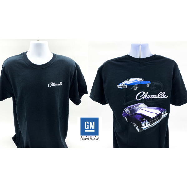 Chevy Chevelle SS T-Shirt - Black w/ "Chevelle" Script & Engine Block Background