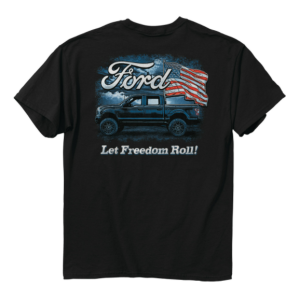 Ford F-150 T-Shirt - Black w/ Waving American Flag & "Let Freedom Roll" Script