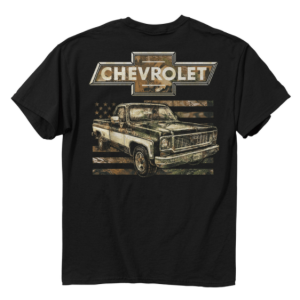 Chevy T-Shirt - Black w/ Bowtie Logo & American Flag Camo Chevy Pickup Truck