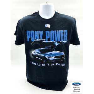 Ford Mustang T-Shirt - Black w/ Blue "Pony Power" Script & Running Pony Logo