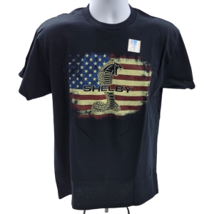 Black T-Shirt w/ Black Shelby Cobra Emblem & Script w/ American Flag Background