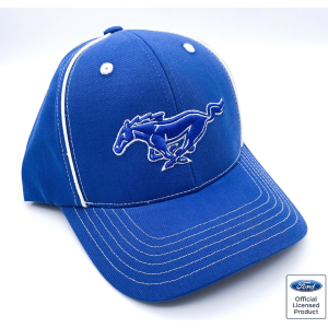 Ford Mustang Hat w/ Blue Running Pony Logo – White Stitching