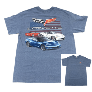 Corvette T-Shirt – Light Blue w/ American Flag, Logo & 3 Chevrolet Corvettes