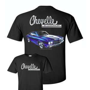 Blue 1970 Chevrolet Chevelle on Black T-Shirt – “Chevelle by Chevrolet” Script