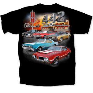 Oldsmobile Cutlass T-Shirt – Black 442 Diner Scene w/ Multiple Cars