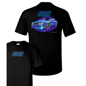 Chevy Monte Carlo T-Shirt - Black w/ Blue 1980's Car & Logo / Emblem (Licensed)