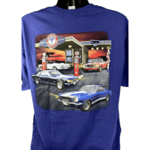 Ford Mustang T-Shirt - Blue w/ 1964-1968 Gas Station Scene