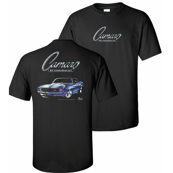 Chevy Camaro T-Shirt - Black w/ Blue 1969 Car & Emblem (Licensed)
